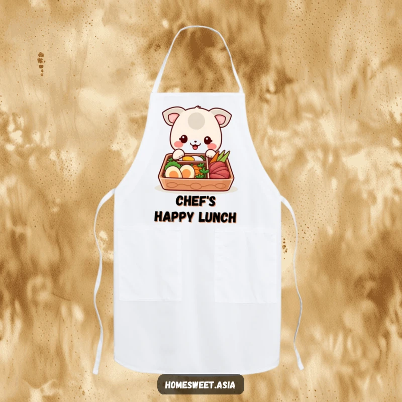 Funny apron featuring a happy animal character about to indulge in a beautiful bento box, ideal for a humorous cooking experience.