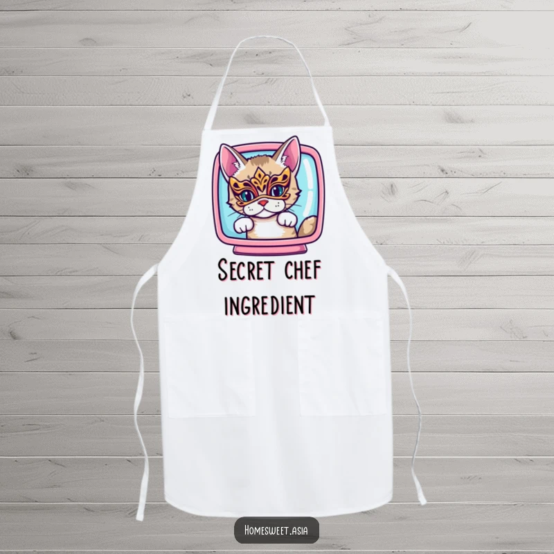 Funny cat wearing an ornate mask, peeking from behind a vibrant screen, cooking apron, kitchen accessory, stylish, funny gift.