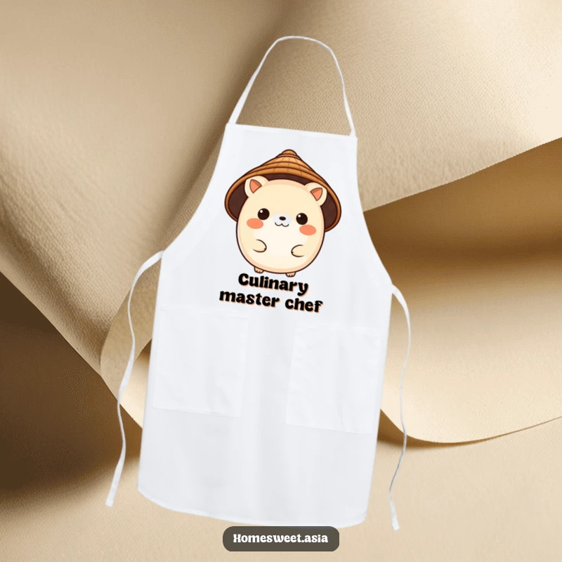 Funny apron design featuring a charming, round animal character wearing a traditional conical hat, perfect for culinary adventures.