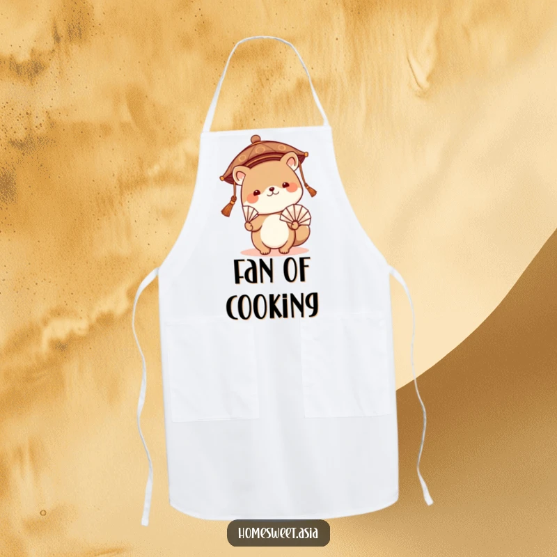 Funny apron featuring a cute animal illustration in a traditional Asian hat, waving a fan, ideal for a humorous and stylish cooking experience.