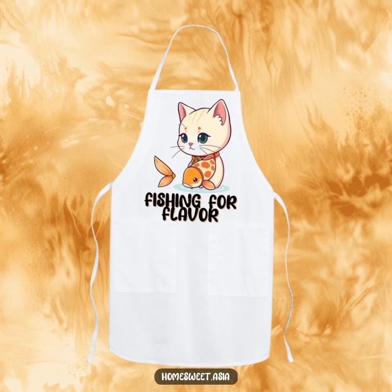 Funny cat wearing a decorative collar, observing a playful koi fish, kitchen apron, stylish accessory, elegant, funny gift.