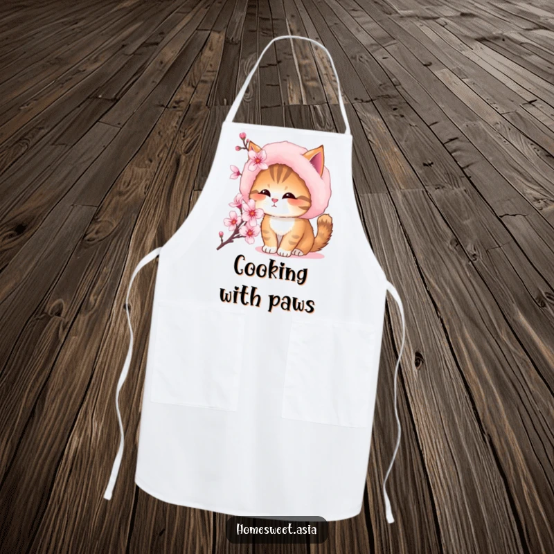Funny cooking apron with a cat wearing a fur hat, curiously sniffing a cherry blossom, ready for kitchen duty.