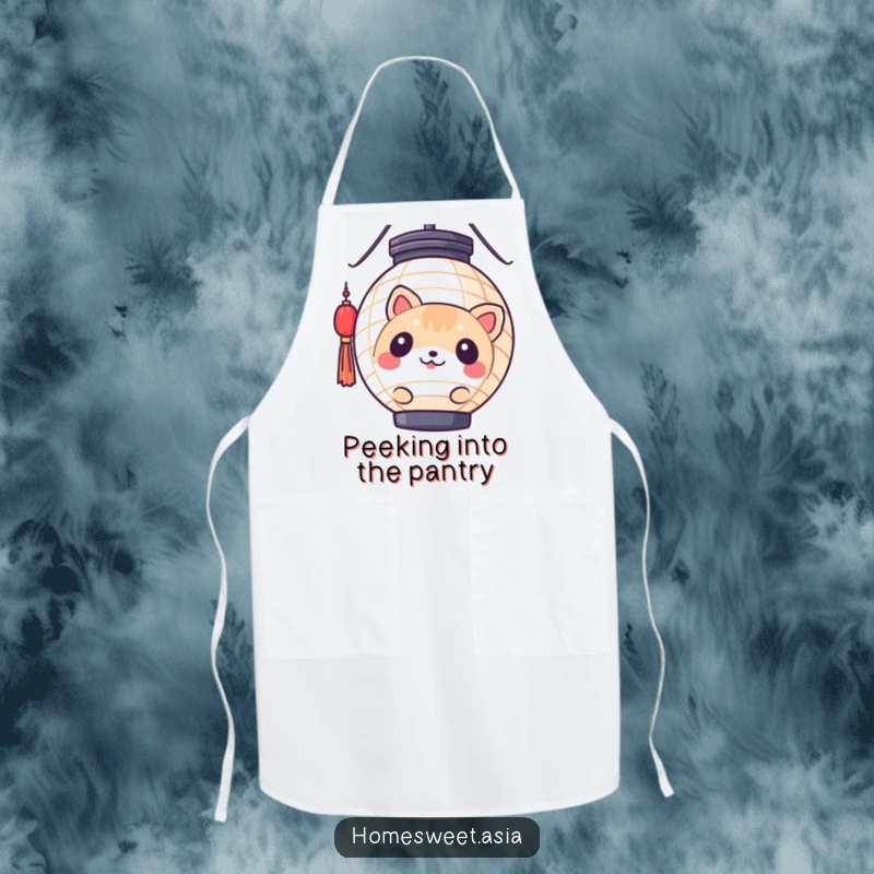 Funny round animal character peeking from behind a paper lantern, while wearing a chef's hat, on a practical kitchen apron. Hilarious cooking accessory.