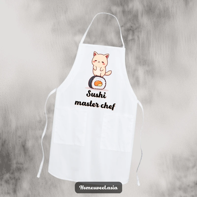 Funny round animal character gracefully balancing on a sushi roll, on a practical kitchen apron. Hilarious and food-themed cooking accessory.