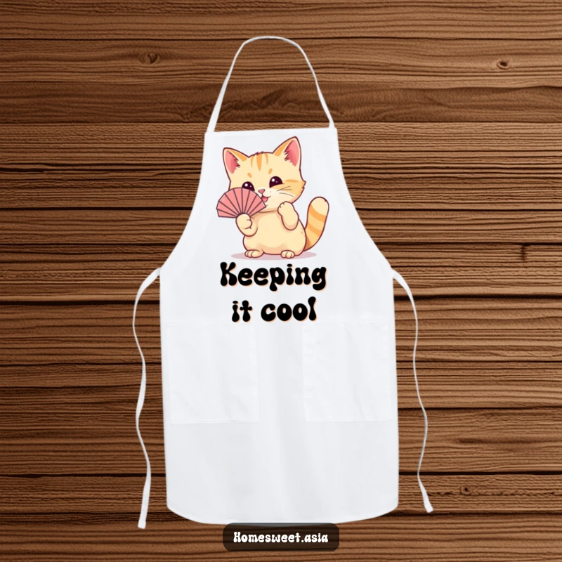 Funny cat wearing a tiny fan, playfully waving it with its paw, kitchen apron, stylish accessory, playful, funny gift.
