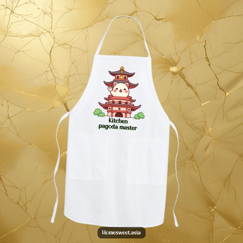 Funny apron design featuring a happy, round animal character waving from a stylized pagoda, perfect for culinary greetings.