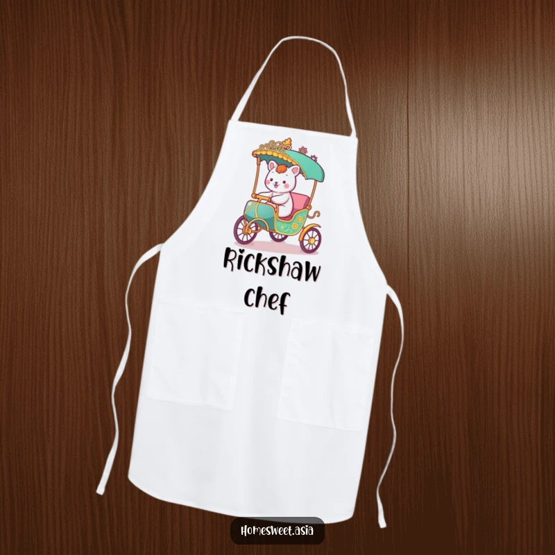 Funny apron featuring a happy animal character riding in a stylized rickshaw, ideal for a humorous and adventurous cooking experience.