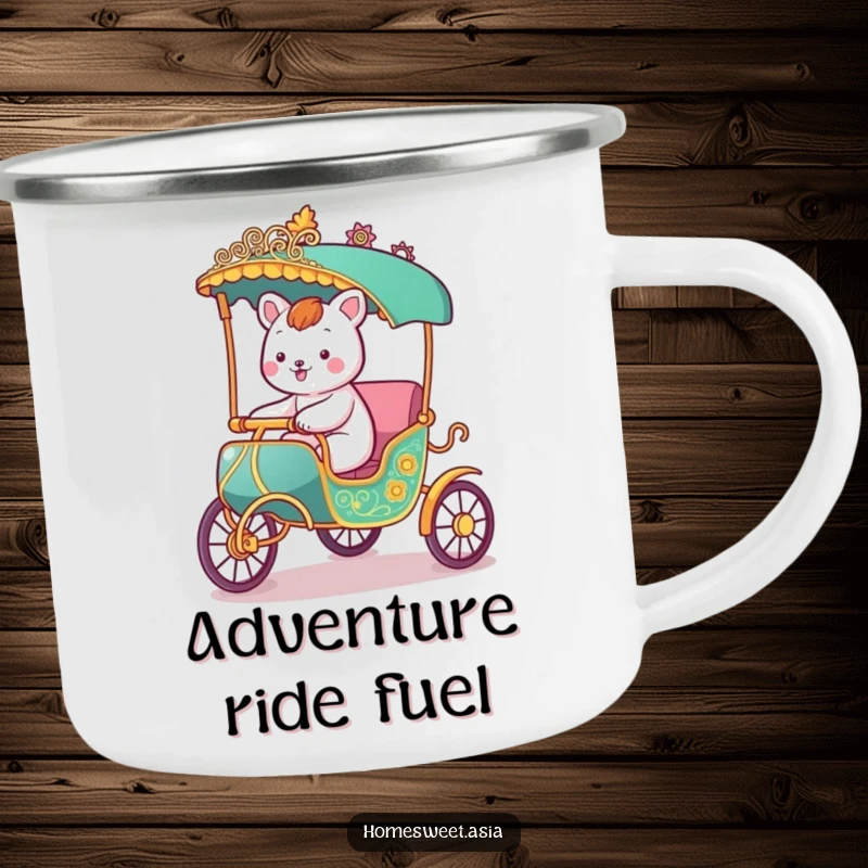 Funny camping mug with a happy animal character riding in a stylized rickshaw, perfect for enjoying beverages during outdoor adventures.