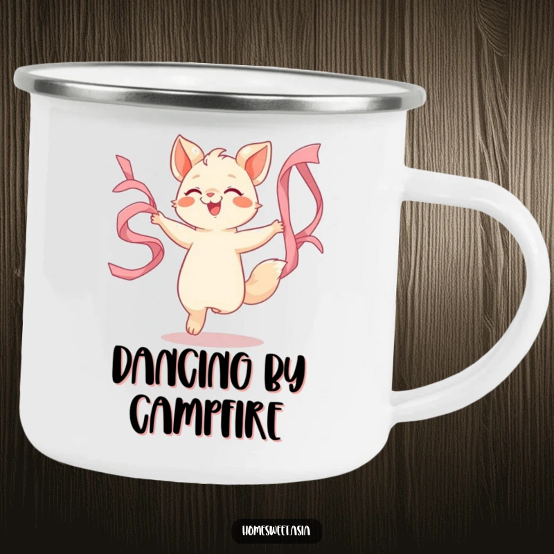 Funny camping mug with an animal character dancing with flowing silk ribbons, perfect for enjoying beverages during creative outdoor adventures.