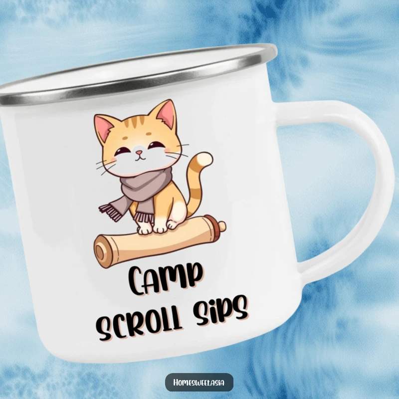 Funny cat wearing a silk scarf, balancing on a curled scroll, enamel camping mug, rugged, artistic design, funny gift.