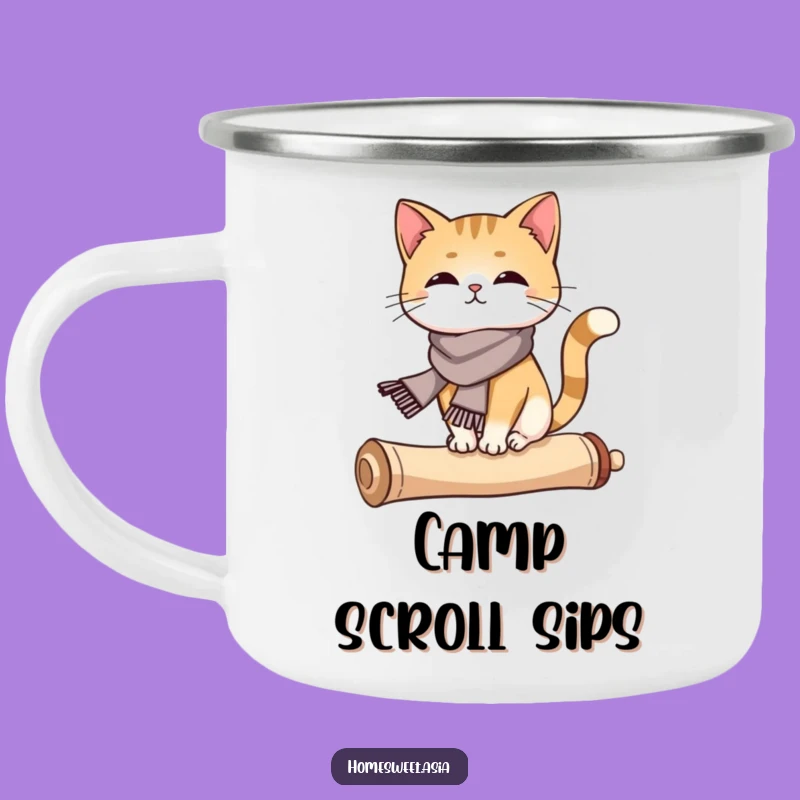 Durable Funny Cat Scroll Camping Mug: Adventure with Sophisticated Humor