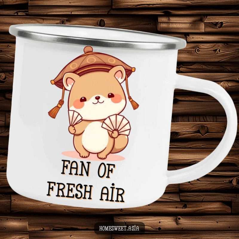 Funny camping mug showcasing a cute animal character in a traditional Asian hat, waving a fan, ready for outdoor adventures with a smile.