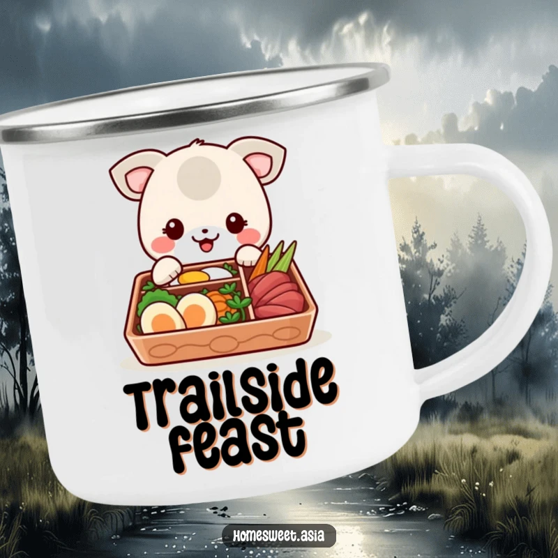 Funny camping mug with a happy animal character preparing to eat from a bento box, bringing joy to outdoor meals.