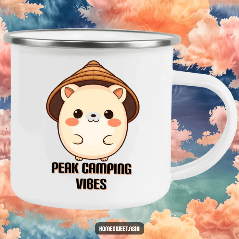 Funny camping mug showcasing a charming, round animal character wearing a traditional conical hat, ready for global adventures.