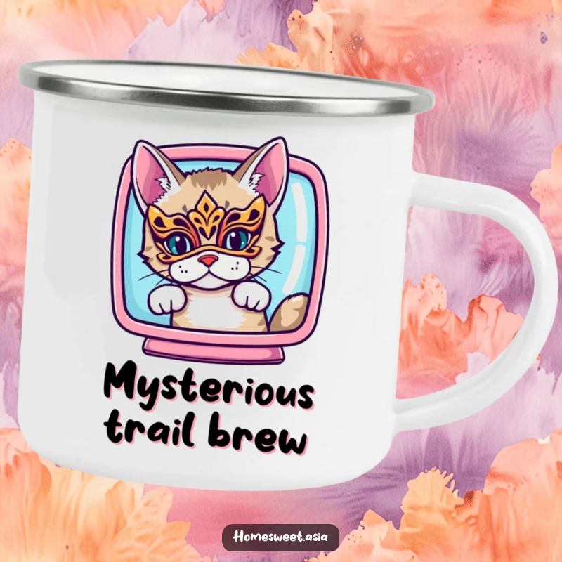 Funny cat wearing an ornate mask, peeking from behind a vibrant screen, enamel camping mug, rugged, mystery design, funny gift.