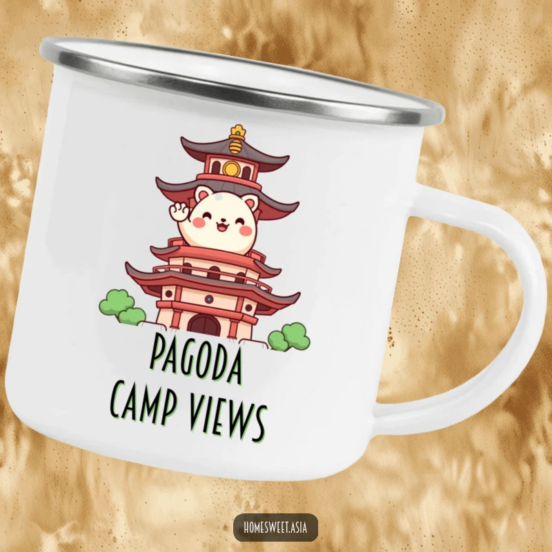 Funny camping mug showcasing a happy, round animal character waving from a stylized pagoda, ready for global greetings.