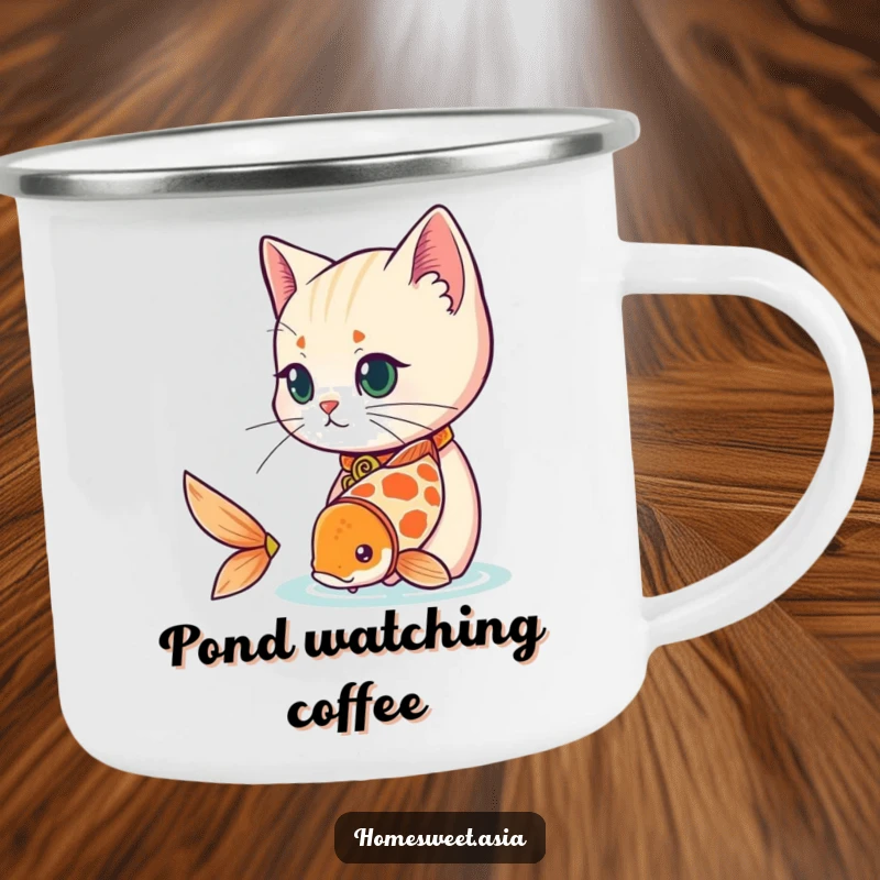 Funny cat wearing a decorative collar, observing a playful koi fish, enamel camping mug, rugged, elegant design, funny gift.