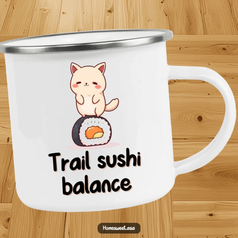 Funny round animal character gracefully balancing on a sushi roll, printed on a sturdy camping mug. Perfect for outdoor dining.