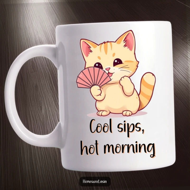 Funny cat wearing a tiny fan, playfully waving it with its paw, cool, stylish, playful, perfect funny gift.