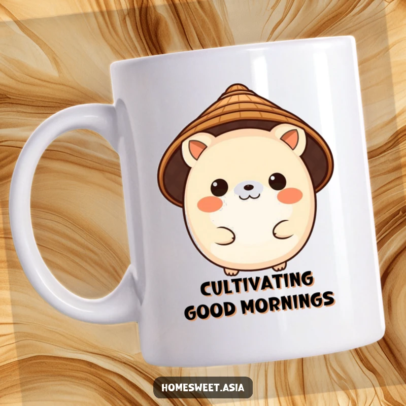 Funny mug with a charming, round animal character wearing a traditional conical hat, exuding gentle warmth and cultural appeal.