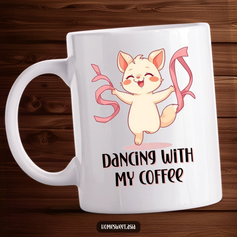 Funny mug depicting an animal character joyfully dancing with colorful, flowing silk ribbons, capturing a moment of pure exhilaration.