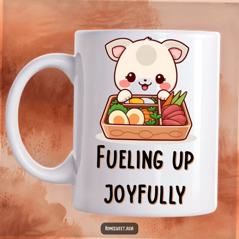 Funny mug depicting a cheerful animal character eagerly preparing to eat from a beautifully arranged bento box, highlighting a love for food.