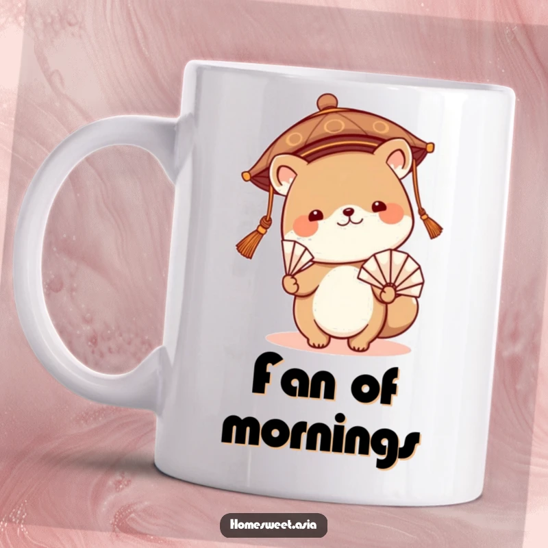 Funny mug featuring a cute animal character wearing a traditional Asian hat and playfully waving a fan, showcasing a joyful and whimsical scene.