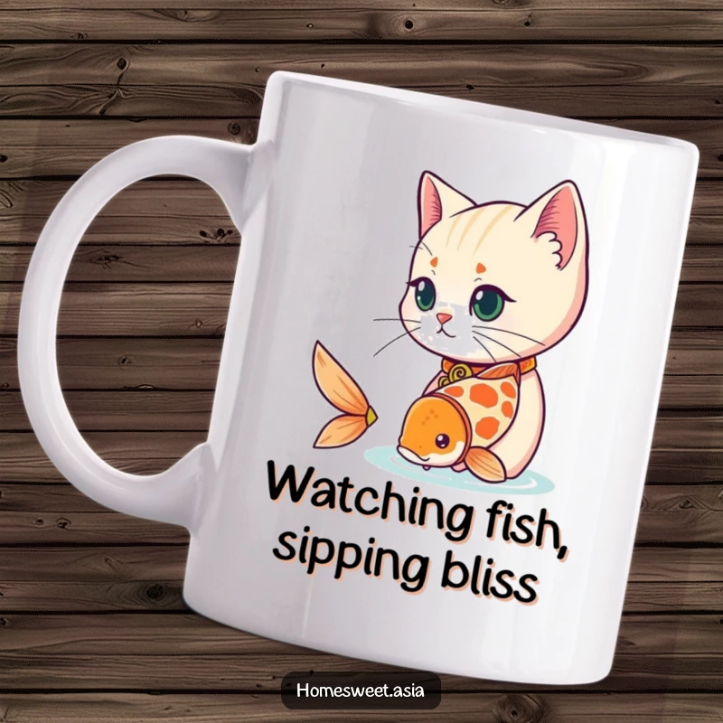Funny cat wearing a decorative collar, observing a playful koi fish, serene, elegant, peaceful, perfect funny gift.