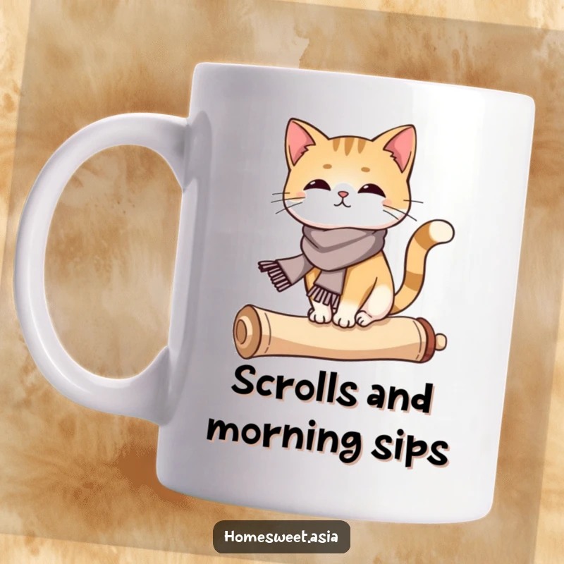 Funny cat wearing a silk scarf, balancing on a curled scroll, elegant, sophisticated, poised, perfect funny gift.