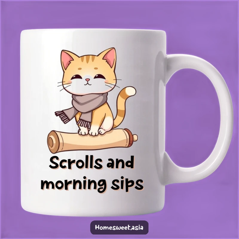 Funny Elegant Cat Scroll Mug: Sophistication and Humor for Tea Time