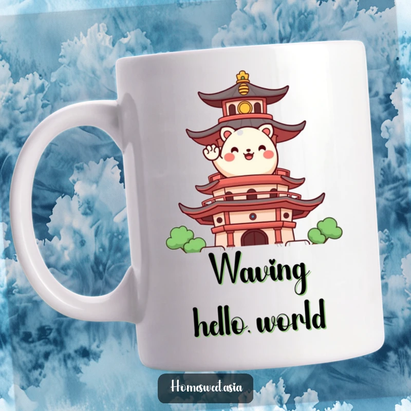 Funny mug with a happy, round animal character waving enthusiastically from atop a stylized pagoda, radiating pure joy.