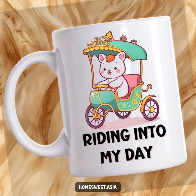 Funny mug depicting a happy animal character joyfully riding in a stylized, ornate rickshaw, symbolizing fun and adventure.