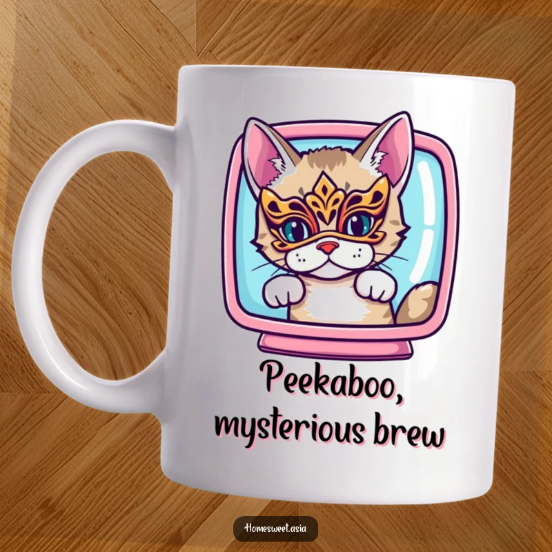 Funny cat wearing an ornate mask, peeking from behind a vibrant screen, mysterious, playful, curious, perfect funny gift.