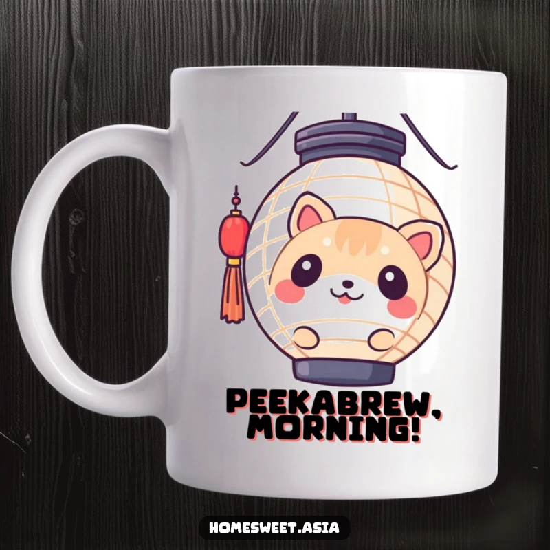 Funny round animal character curiously peeking from behind a glowing paper lantern, on a ceramic coffee mug. Whimsical and cute.