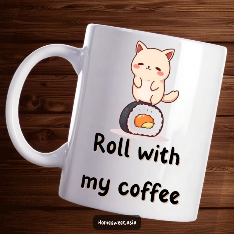 Funny round animal character gracefully balancing on a delicious sushi roll, printed on a ceramic coffee mug. Whimsical and food-themed.