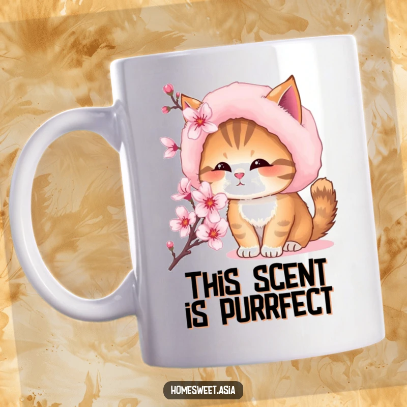 Funny mug with a cute cat wearing a fluffy fur hat, curiously sniffing a delicate cherry blossom branch outdoors.