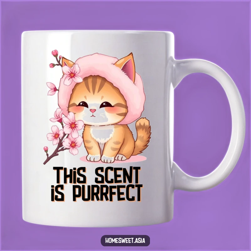 Funny Cat in Fur Hat Gift Mug - Adorable Kitty Sniffing Cherry Blossoms