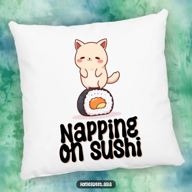 Funny round animal character gracefully balancing on a sushi roll, on a soft and plush pillow. Adds whimsical charm to any seating area.