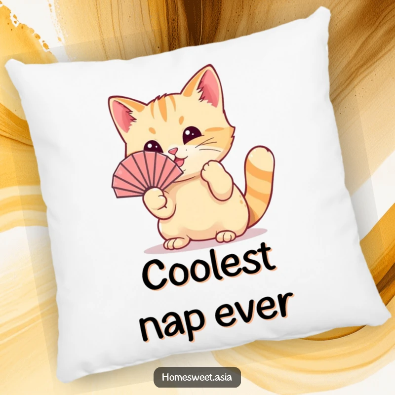 Funny cat wearing a tiny fan, playfully waving it with its paw, plush pillow, decorative cushion, cozy, funny gift.