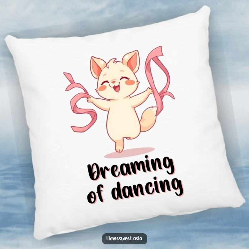 Funny pillow design with an animal character dancing joyfully with flowing silk ribbons, adding artistic flair and humor to any room.