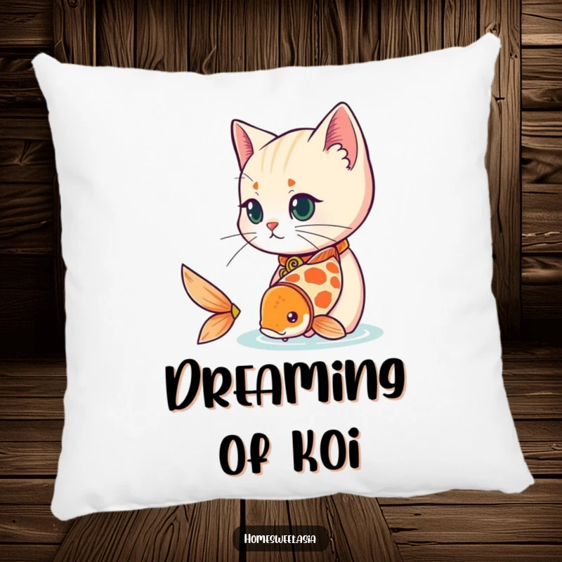 Funny cat wearing a decorative collar, observing a playful koi fish, plush pillow, decorative cushion, cozy, funny gift.