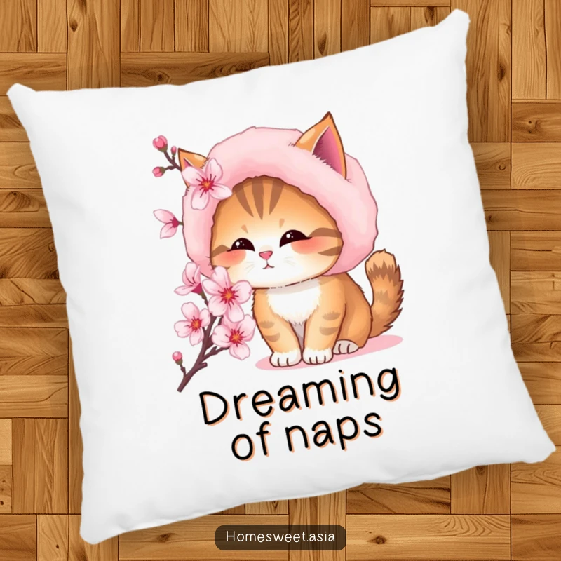 Funny decorative pillow showing a cat sporting a fur hat while smelling a beautiful cherry blossom.