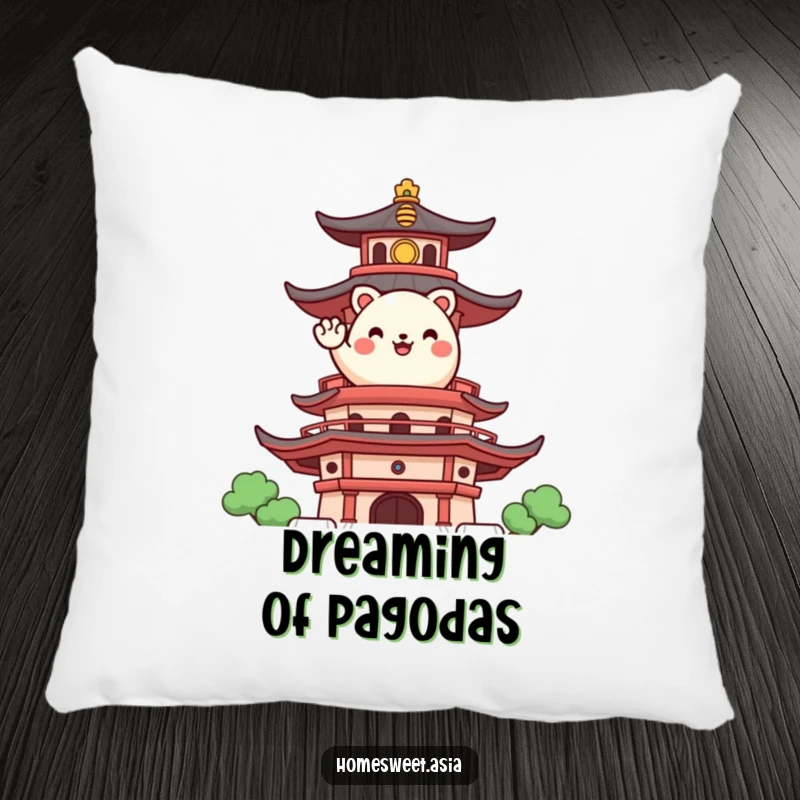 Funny pillow showcasing a happy, round animal character waving from a stylized pagoda, adding cozy cultural cheer.