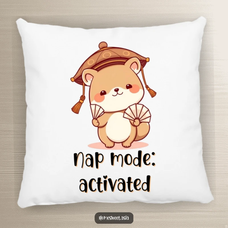 Funny pillow design showcasing a cute animal character in a traditional Asian hat, playfully waving a fan, perfect for adding humor to home decor.