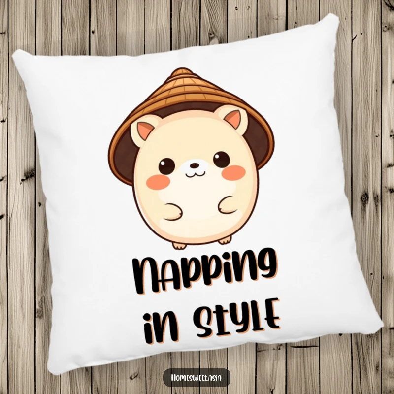 Funny pillow showcasing a charming, round animal character wearing a traditional conical hat, adding cozy cultural flair.