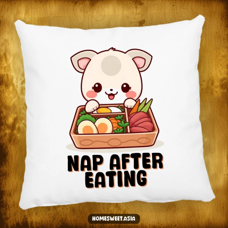 Funny pillow design with a cheerful animal character ready to enjoy a vibrant bento box, adding a touch of humor to any room.