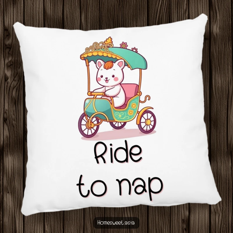 Funny pillow design with a happy animal character riding in a stylized rickshaw, adding humor and a sense of journey to any room.
