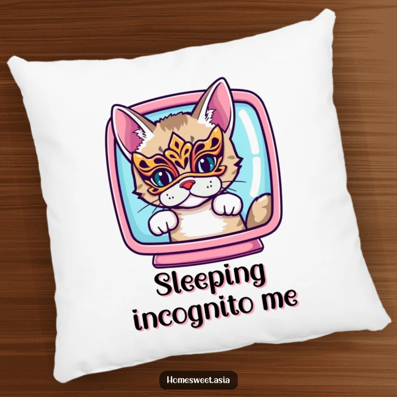 Funny cat wearing an ornate mask, peeking from behind a vibrant screen, plush pillow, decorative, cozy, funny gift.