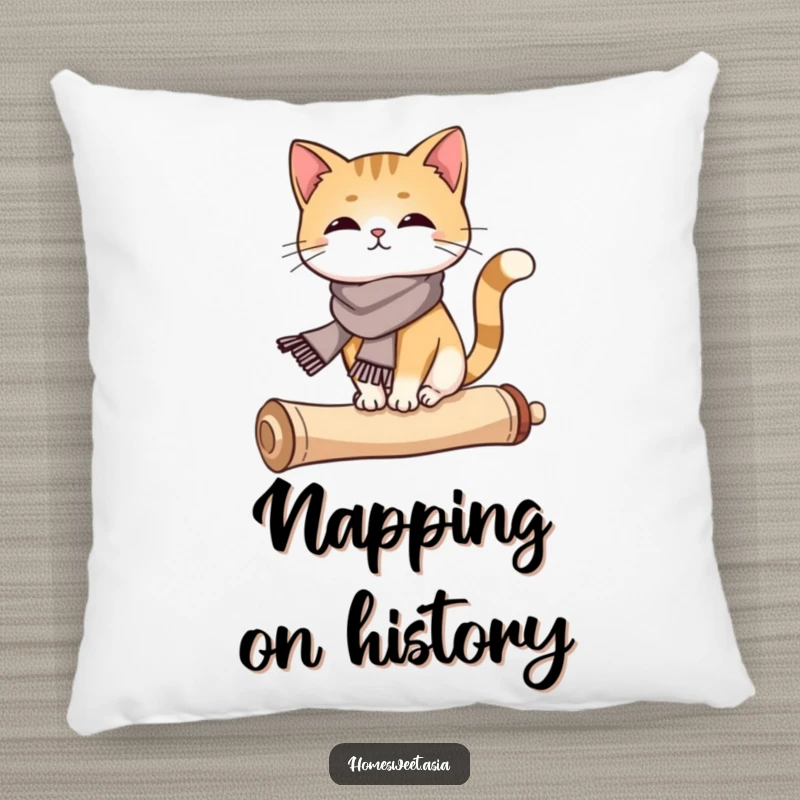 Funny cat wearing a silk scarf, balancing on a curled scroll, plush pillow, decorative cushion, cozy, funny gift.