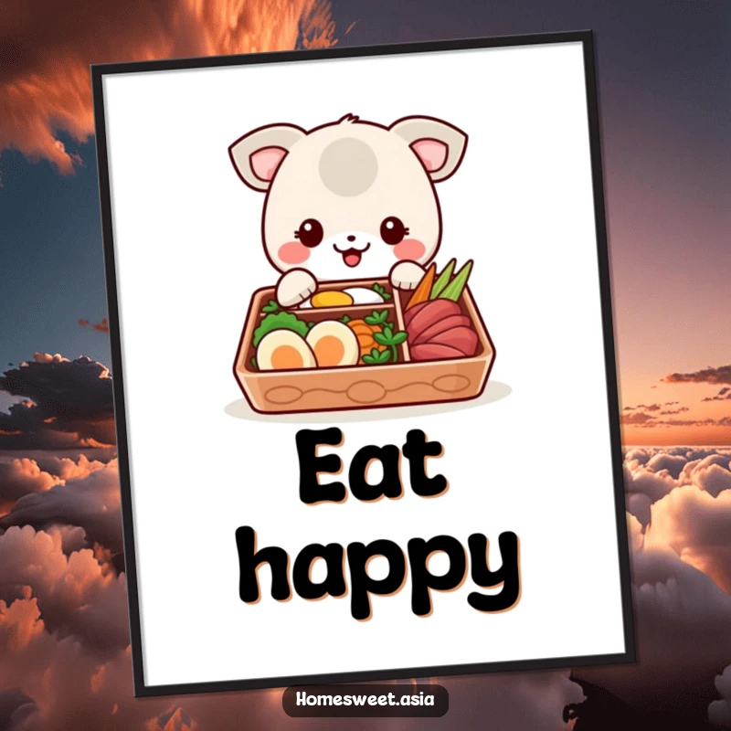 Funny digital art print of a cheerful animal character about to enjoy a bento box, perfect for adding instant appetizing humor to decor.
